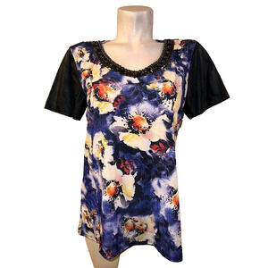 Sharif Couture Top Size M Floral Faux Leather SS Beaded Shirt Designer Glam